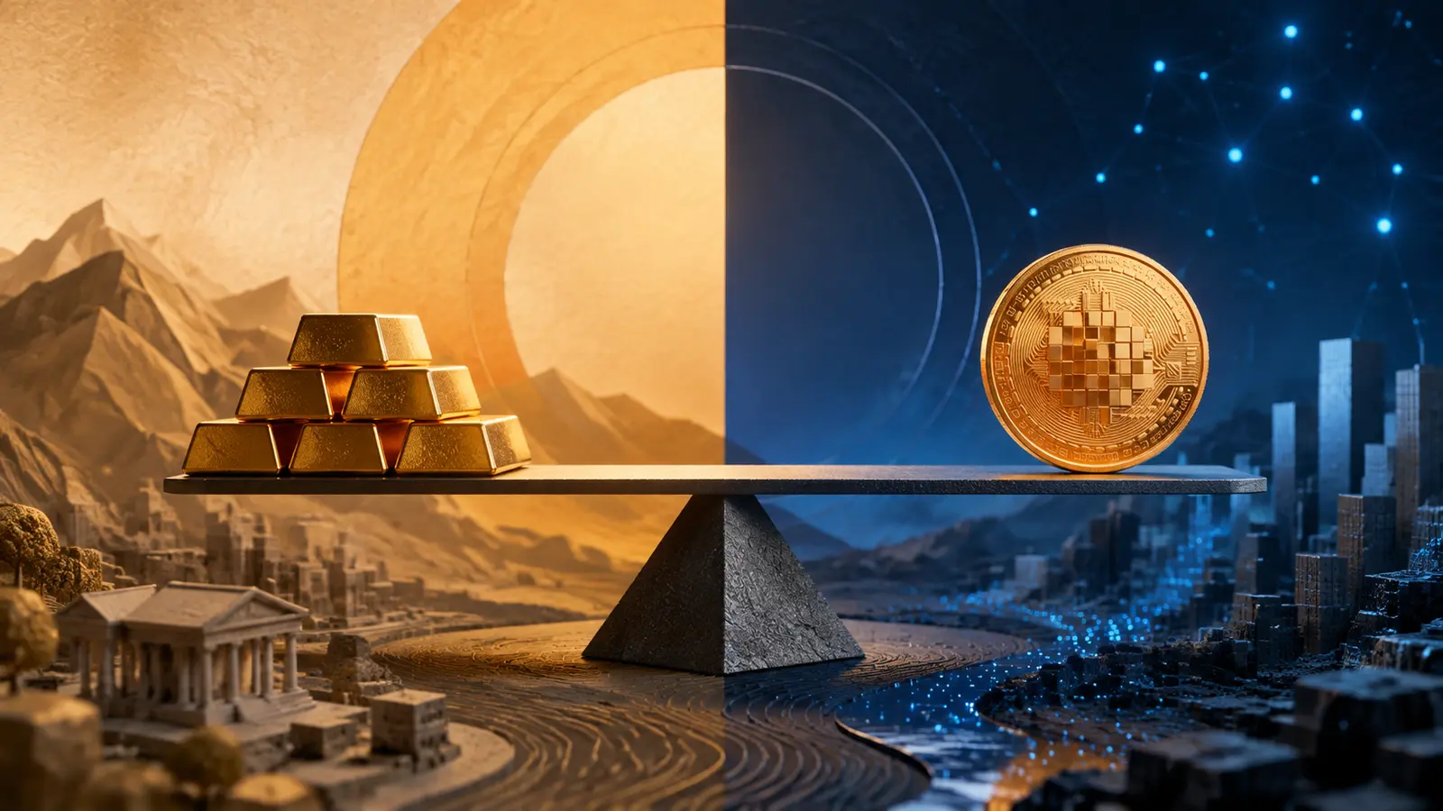 Conceptual market illustration for Bitcoin vs. Gold: Old Money Meets Digital Scarcity