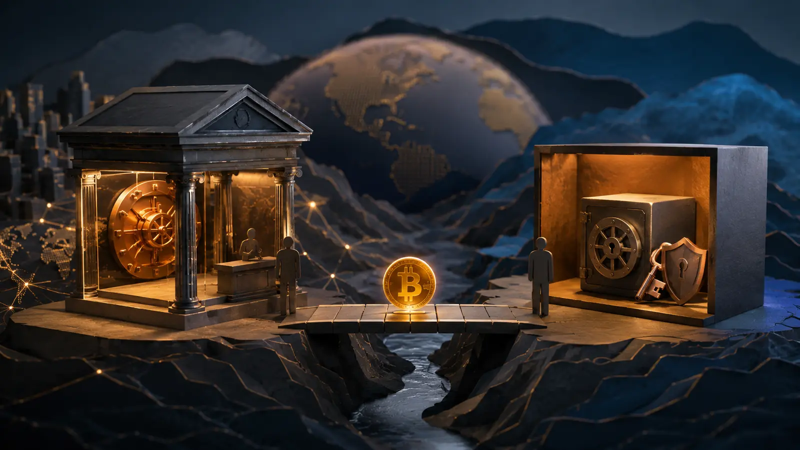 Conceptual market illustration for Custodial and Non-Custodial Bitcoin Storage: What You’re Really Choosing
