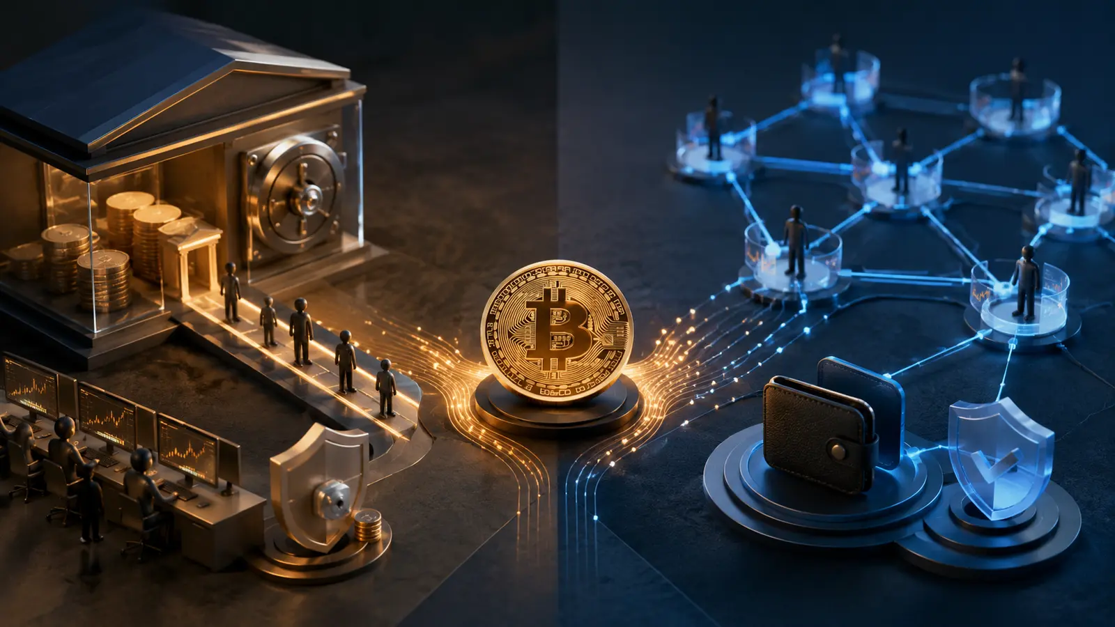 Conceptual market illustration for How Bitcoin Exchanges Work: CEXs, DEXs, and the Trade-Offs