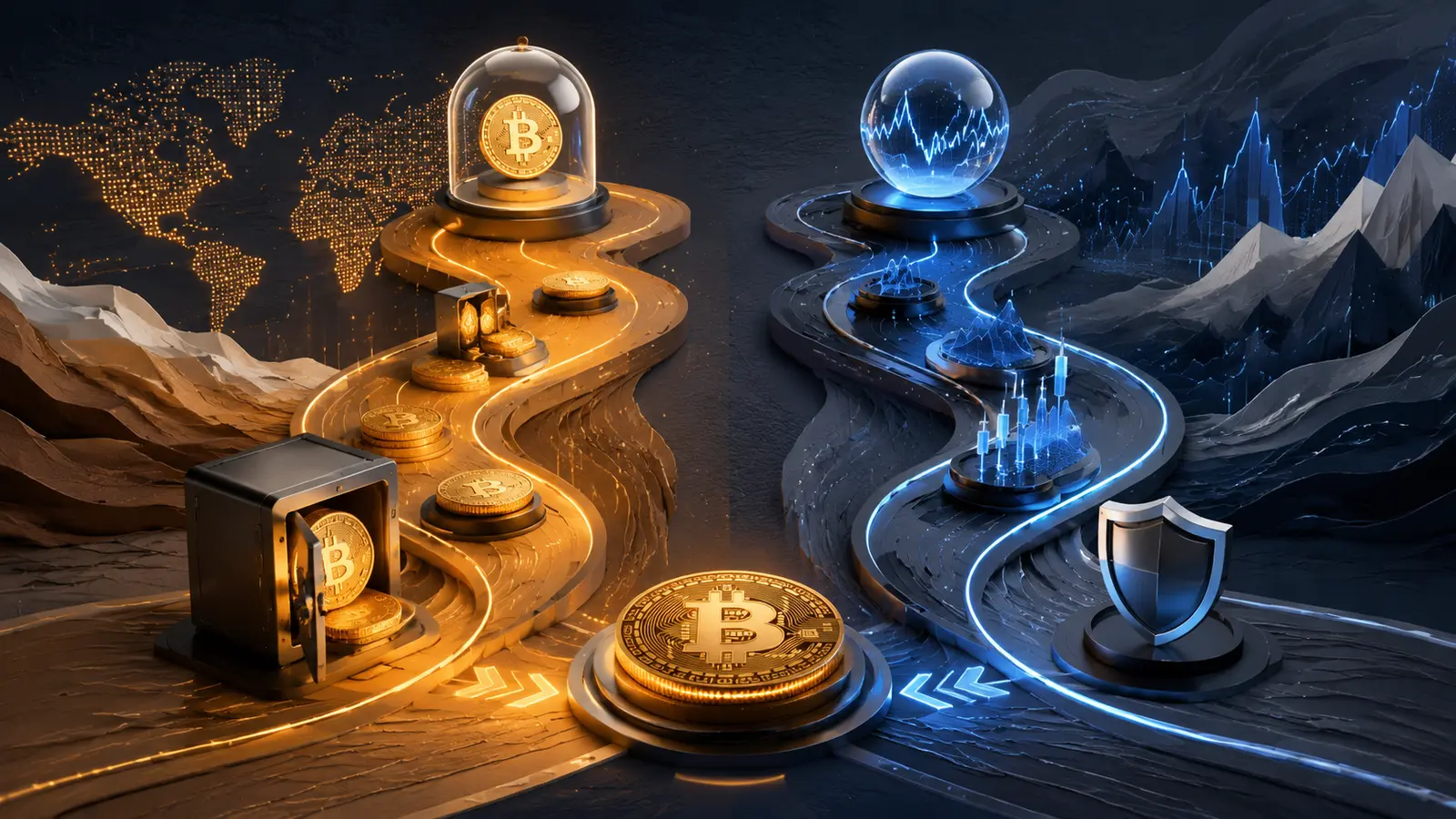 Conceptual market illustration for Spot vs. Futures Bitcoin ETFs: What’s Actually the Difference?