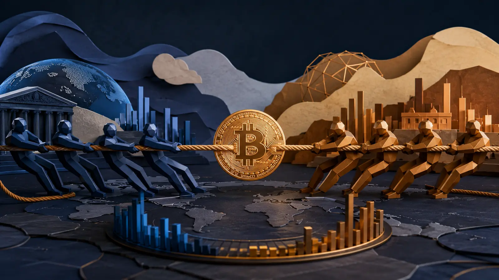 Conceptual market illustration for The Tug-of-War: How Global Economics Really Moves Bitcoin