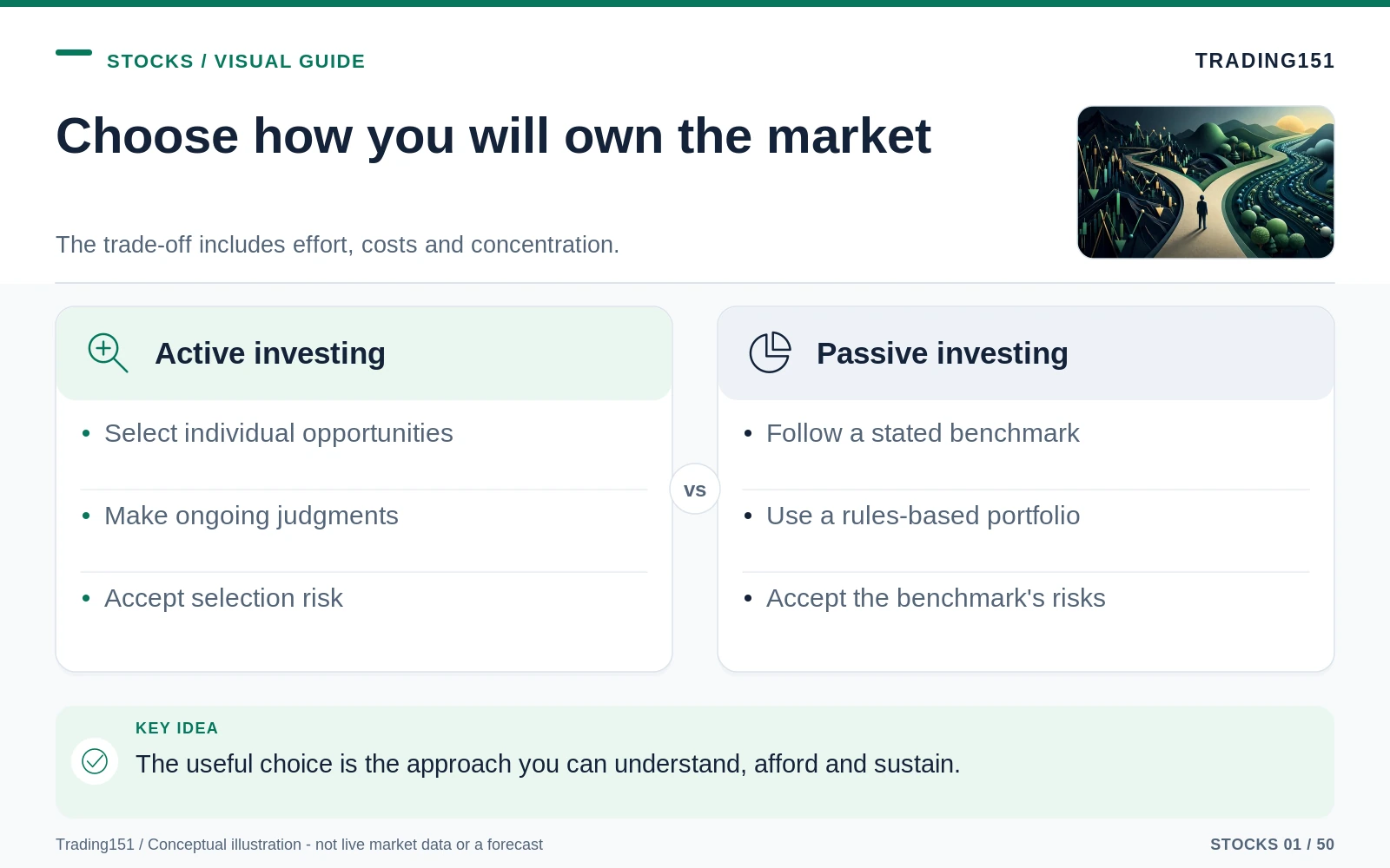 Conceptual diagram: Choose how you will own the market. Key elements: Active investing; Passive investing.
