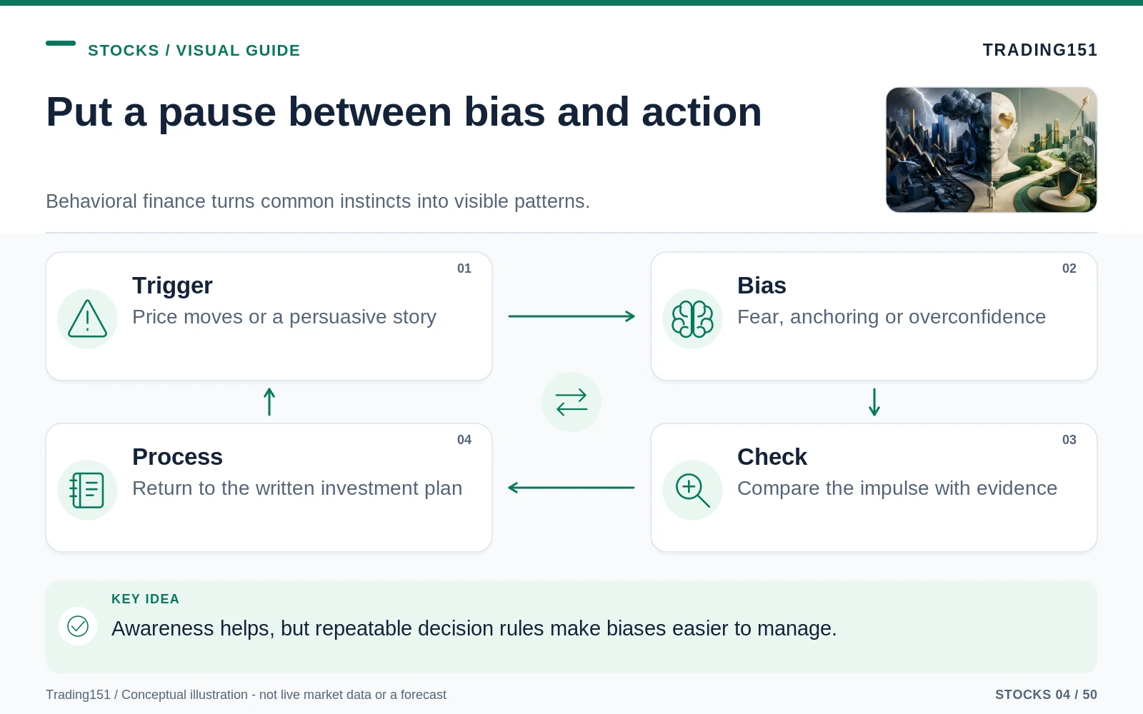 Conceptual diagram: Put a pause between bias and action. Key elements: Trigger; Bias; Check; Process.
