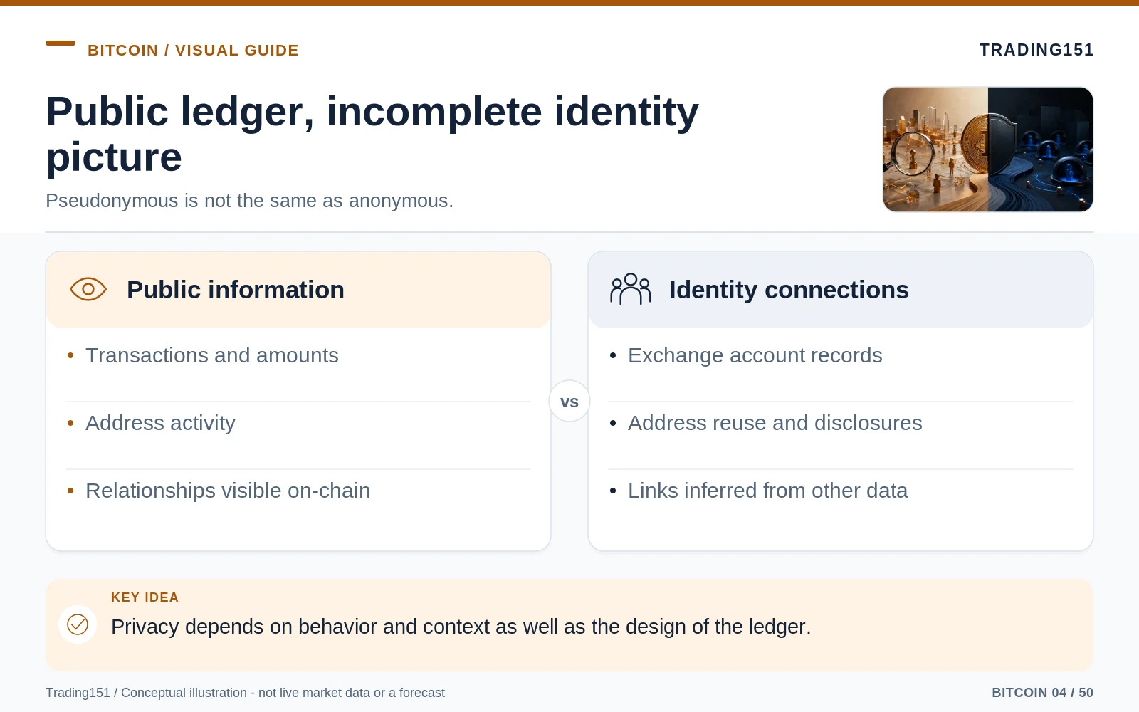 Conceptual diagram: Public ledger, incomplete identity picture. Key elements: Public information; Identity connections.