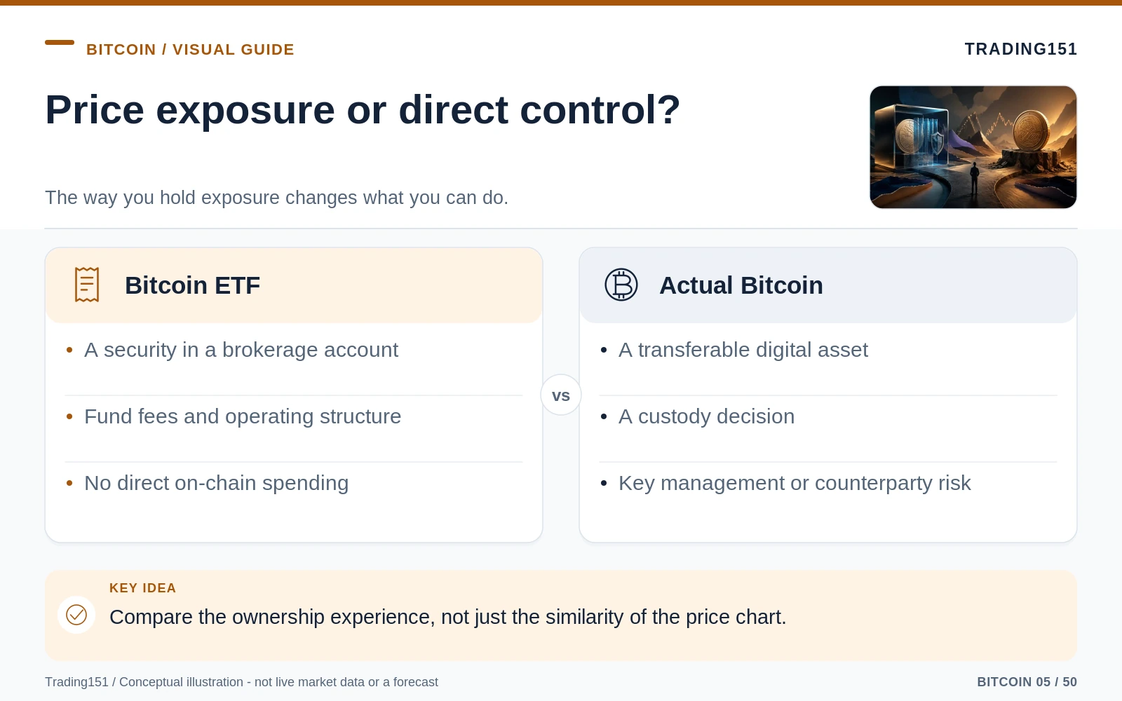 Conceptual diagram: Price exposure or direct control?. Key elements: Bitcoin ETF; Actual Bitcoin.