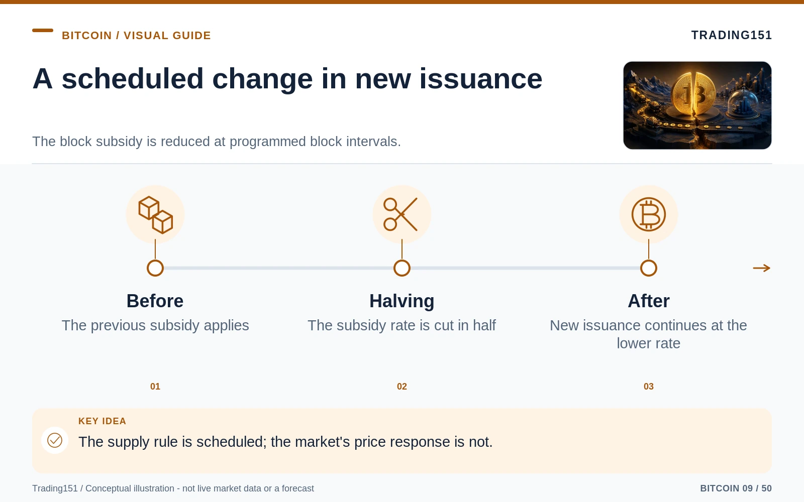 Conceptual diagram: A scheduled change in new issuance. Key elements: Before; Halving; After.