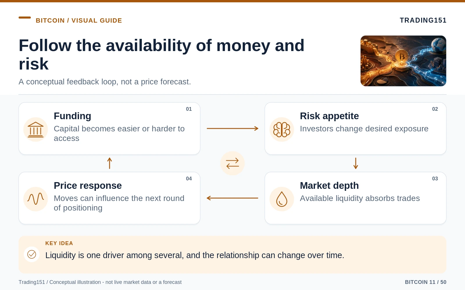 Conceptual diagram: Follow the availability of money and risk. Key elements: Funding; Risk appetite; Market depth; Price response.