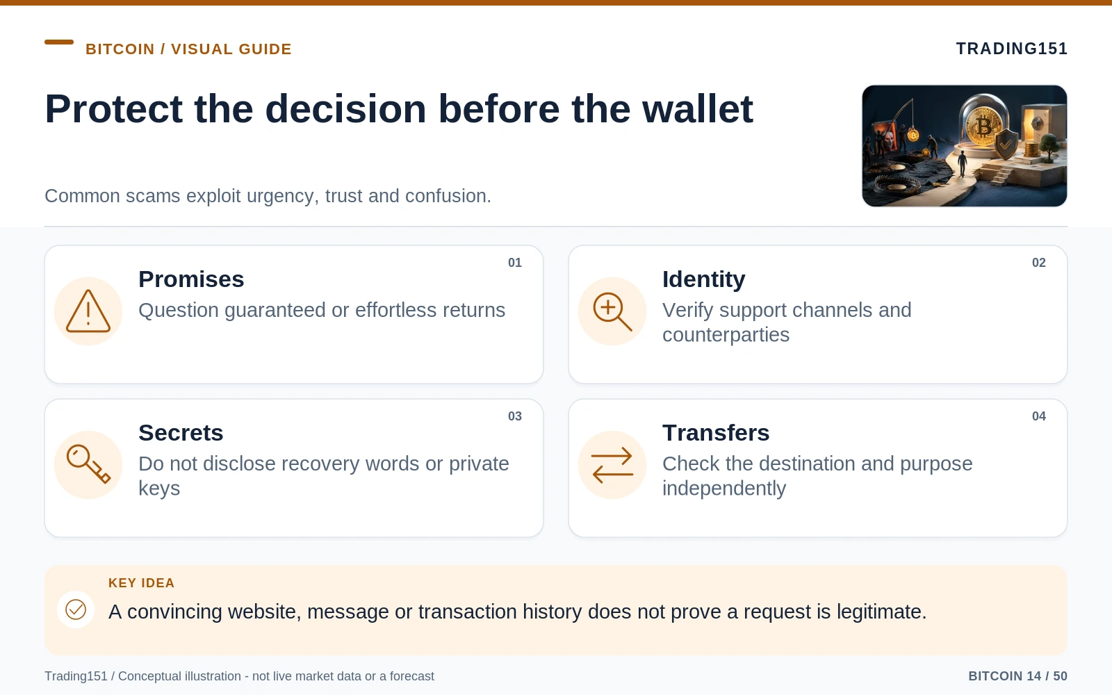 Conceptual diagram: Protect the decision before the wallet. Key elements: Promises; Identity; Secrets; Transfers.