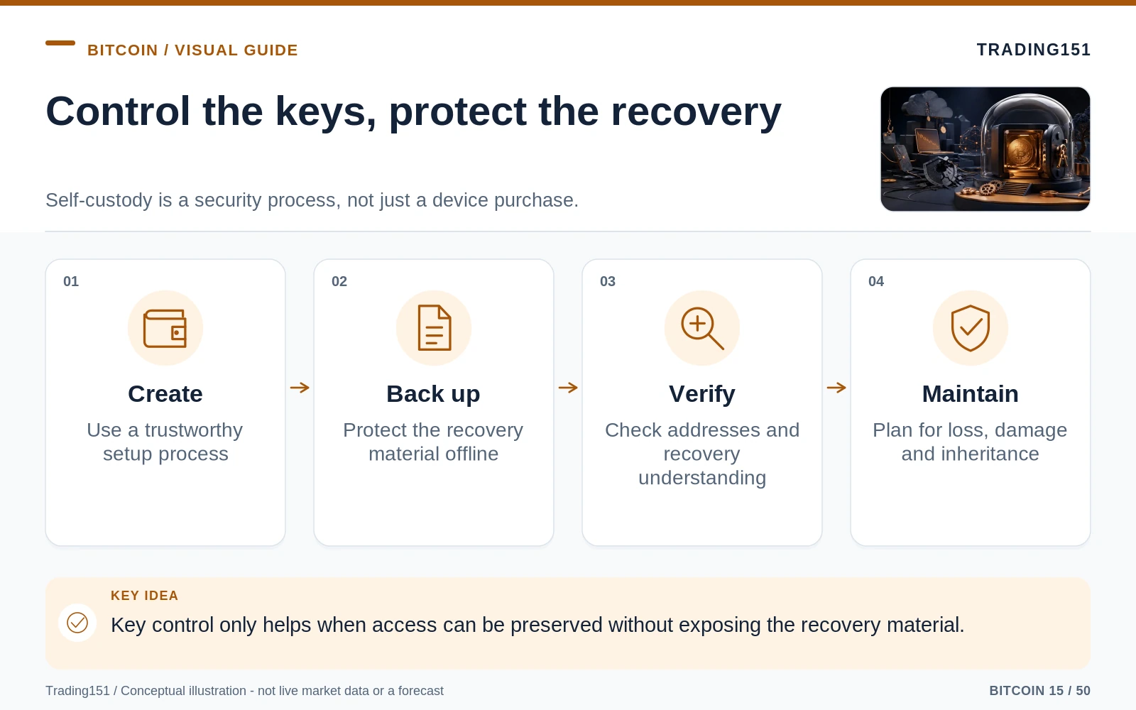 Conceptual diagram: Control the keys, protect the recovery. Key elements: Create; Back up; Verify; Maintain.