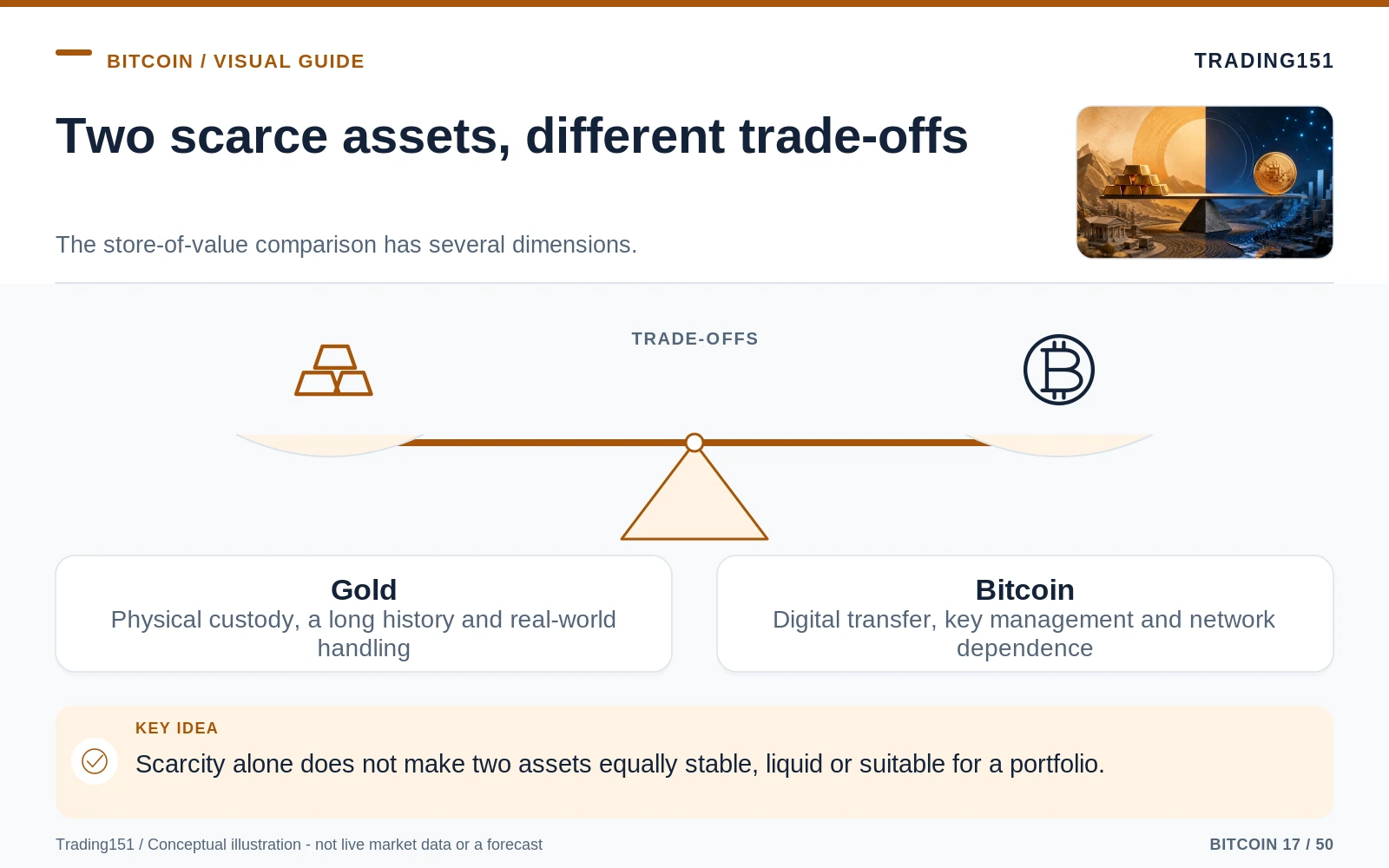 Conceptual diagram: Two scarce assets, different trade-offs. Key elements: Gold; Bitcoin.