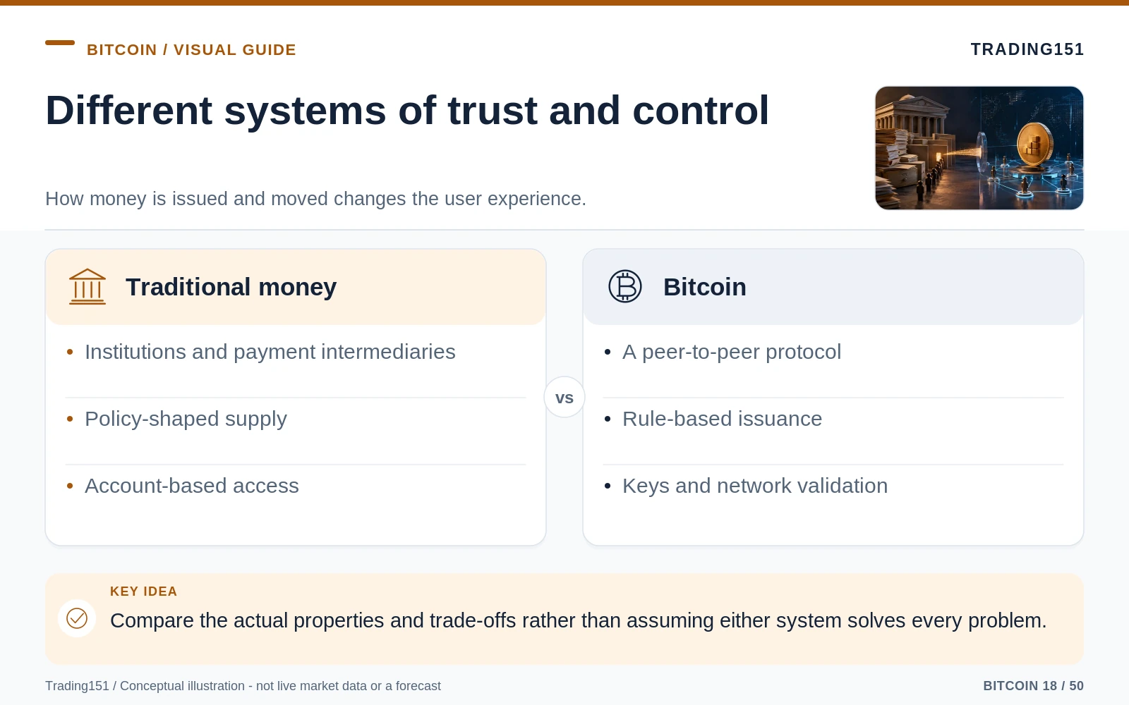 Conceptual diagram: Different systems of trust and control. Key elements: Traditional money; Bitcoin.