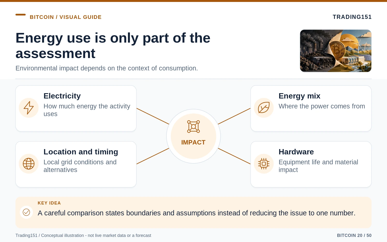Conceptual diagram: Energy use is only part of the assessment. Key elements: Electricity; Energy mix; Location and timing; Hardware.