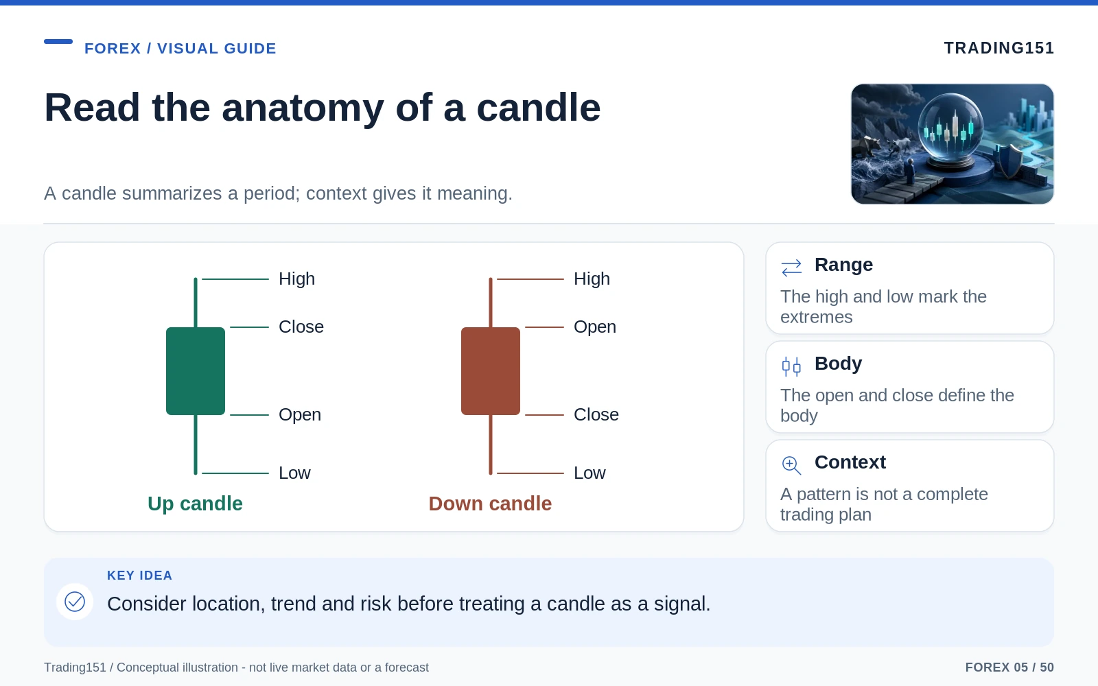 Conceptual diagram: Read the anatomy of a candle. Key elements: Range; Body; Context.