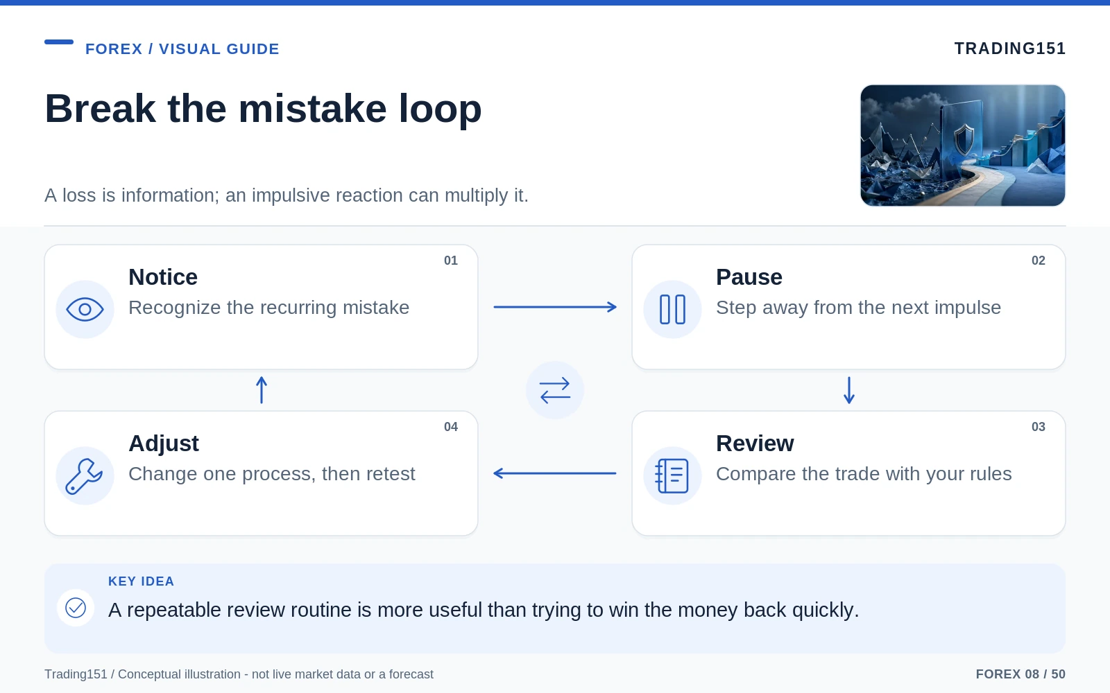 Conceptual diagram: Break the mistake loop. Key elements: Notice; Pause; Review; Adjust.