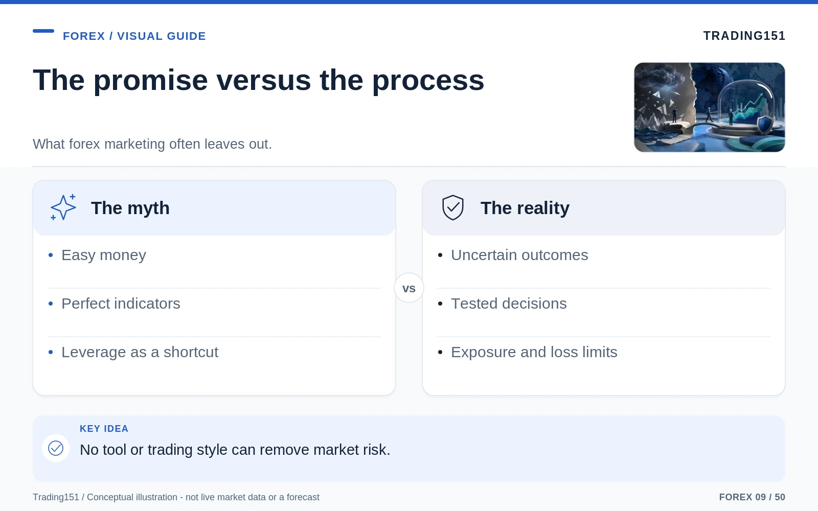 Conceptual diagram: The promise versus the process. Key elements: The myth; The reality.