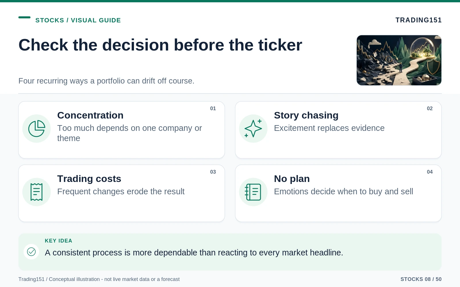 Conceptual diagram: Check the decision before the ticker. Key elements: Concentration; Story chasing; Trading costs; No plan.