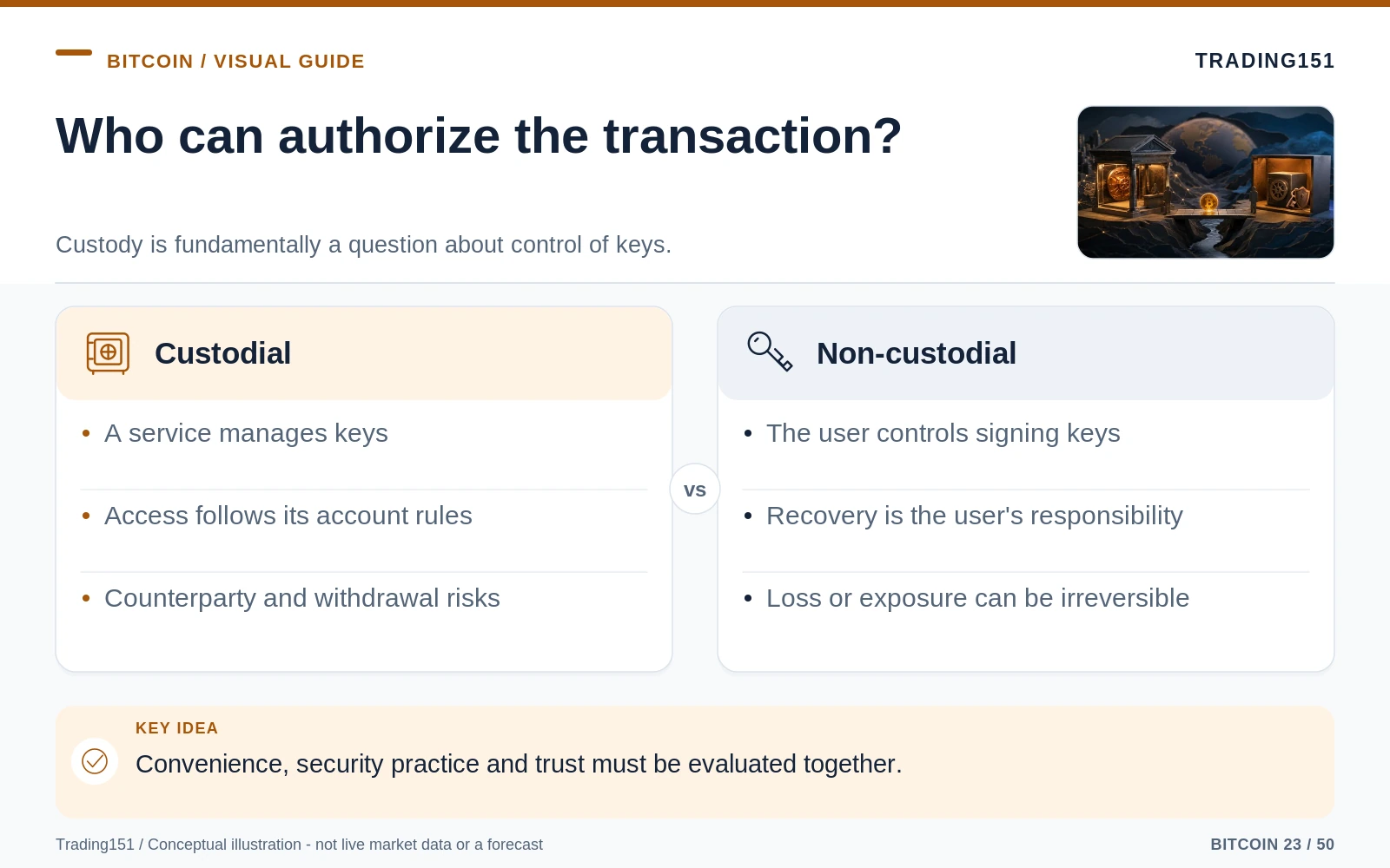 Conceptual diagram: Who can authorize the transaction?. Key elements: Custodial; Non-custodial.