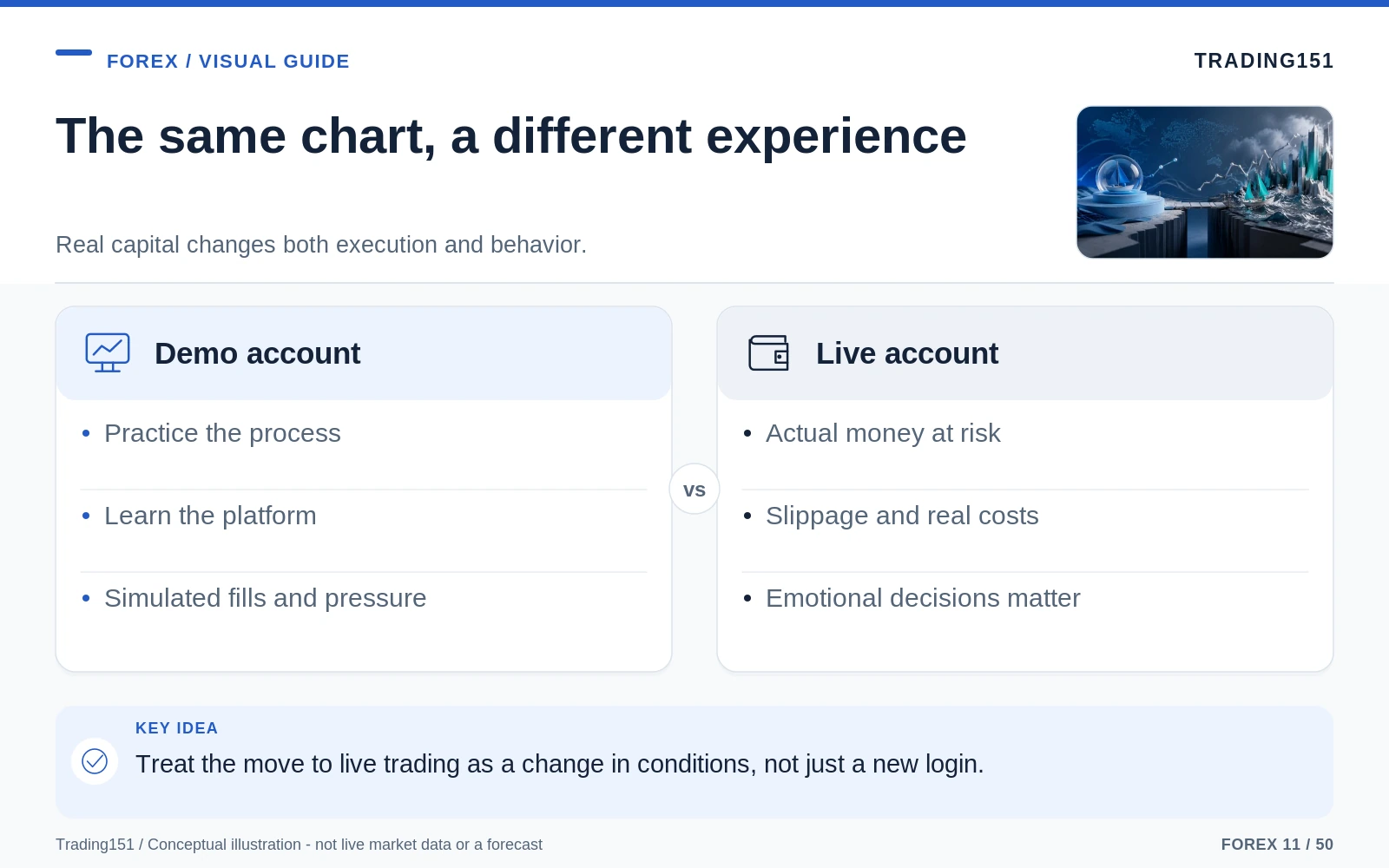 Conceptual diagram: The same chart, a different experience. Key elements: Demo account; Live account.