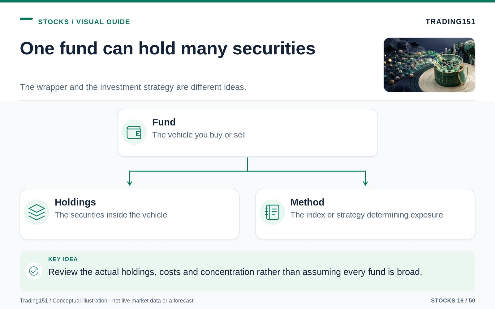Conceptual diagram: One fund can hold many securities. Key elements: Fund; Holdings; Method.