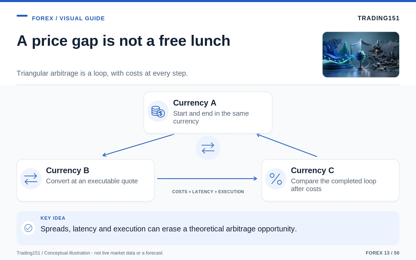 Conceptual diagram: A price gap is not a free lunch. Key elements: Currency A; Currency B; Currency C.