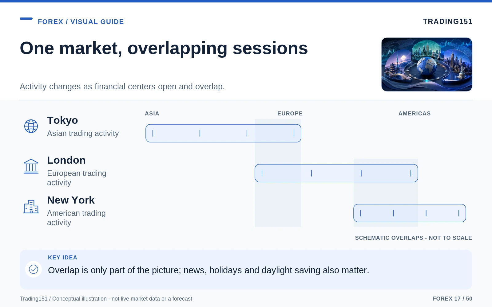 Conceptual diagram: One market, overlapping sessions. Key elements: Tokyo; London; New York.