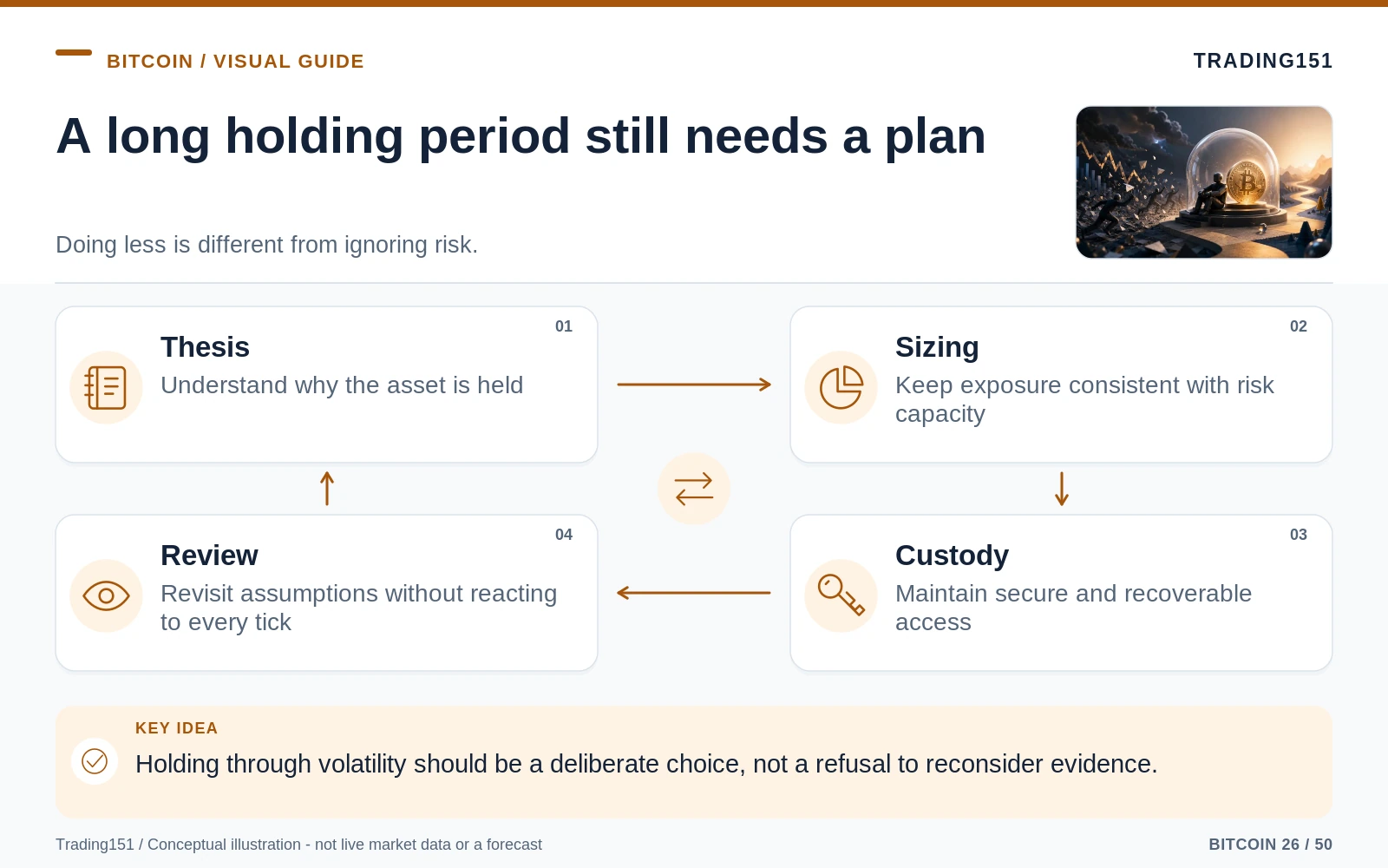 Conceptual diagram: A long holding period still needs a plan. Key elements: Thesis; Sizing; Custody; Review.