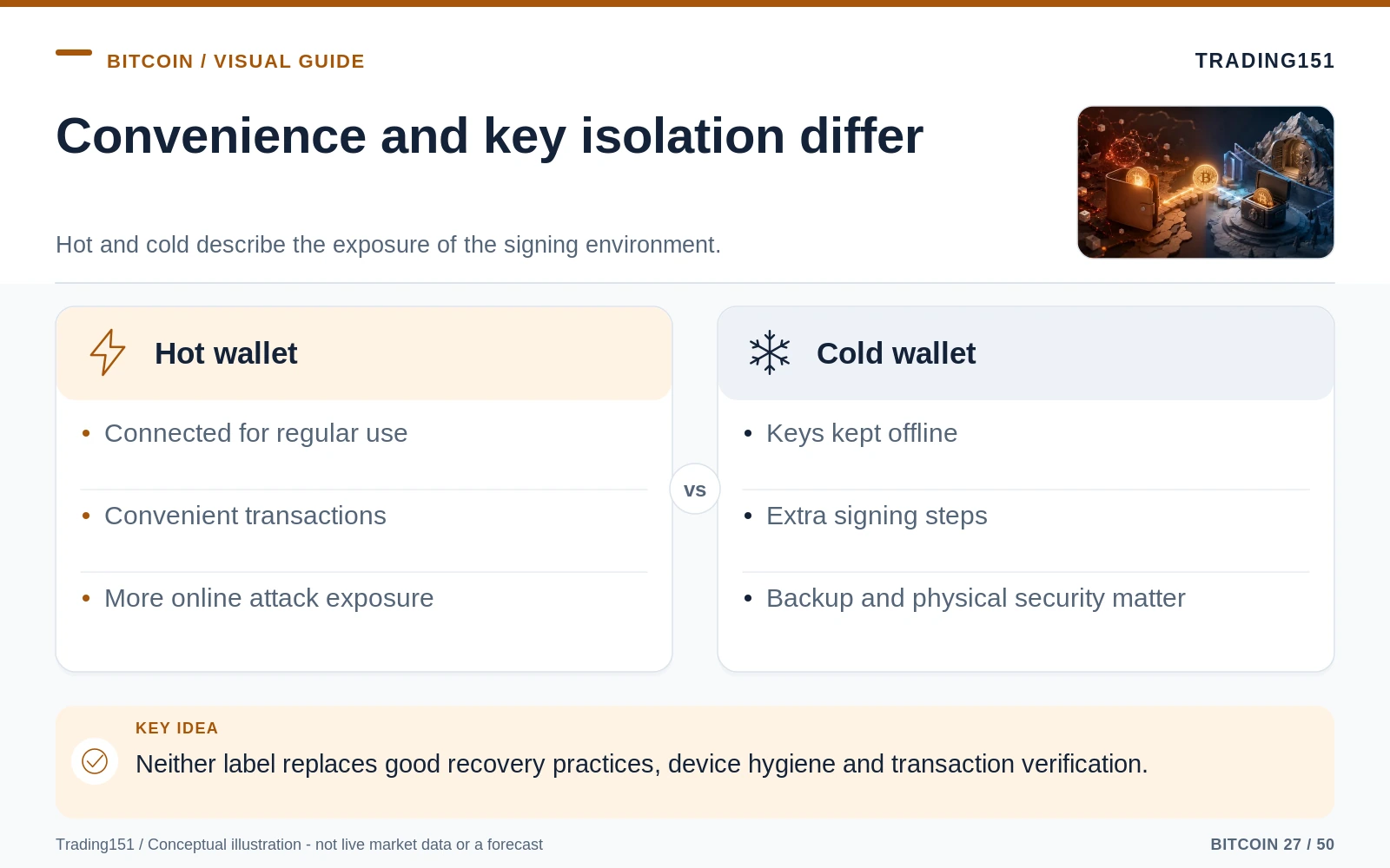Conceptual diagram: Convenience and key isolation differ. Key elements: Hot wallet; Cold wallet.