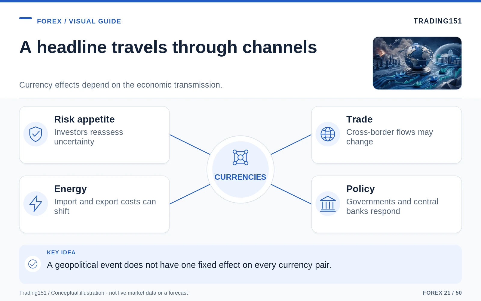 Conceptual diagram: A headline travels through channels. Key elements: Risk appetite; Trade; Energy; Policy.