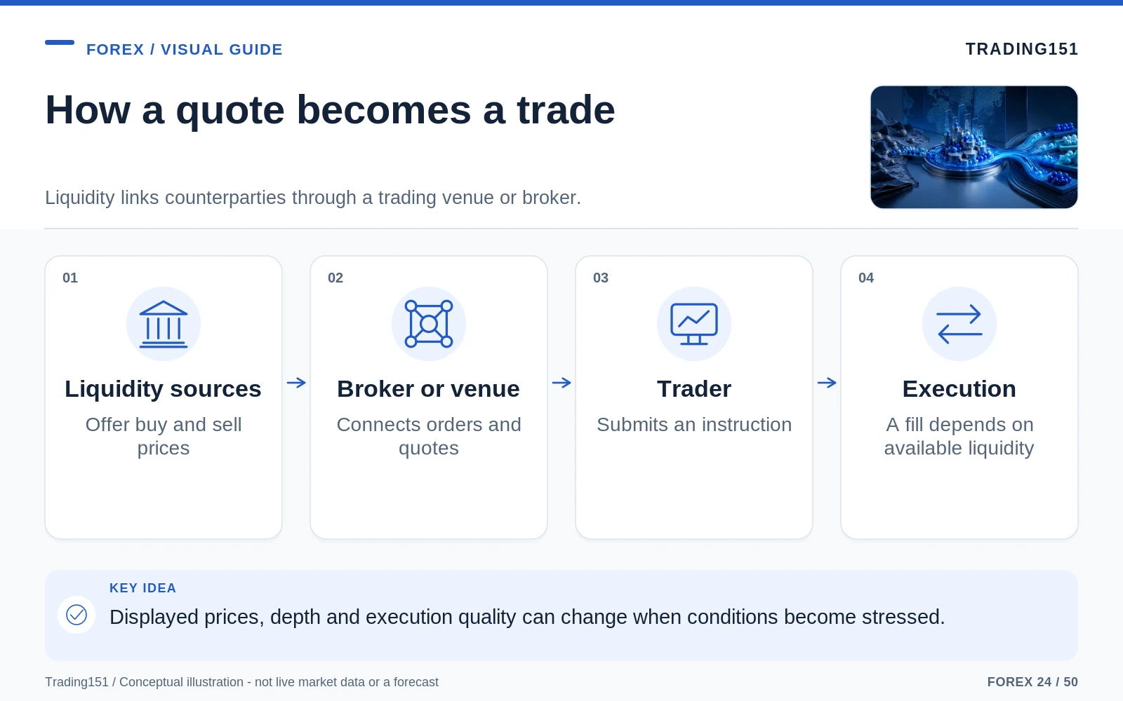 Conceptual diagram: How a quote becomes a trade. Key elements: Liquidity sources; Broker or venue; Trader; Execution.