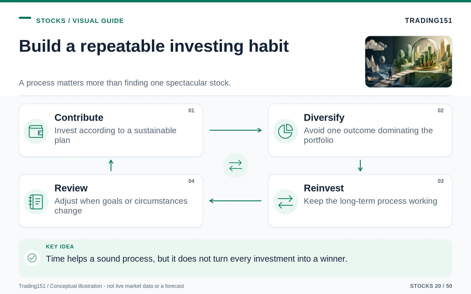 Conceptual diagram: Build a repeatable investing habit. Key elements: Contribute; Diversify; Reinvest; Review.