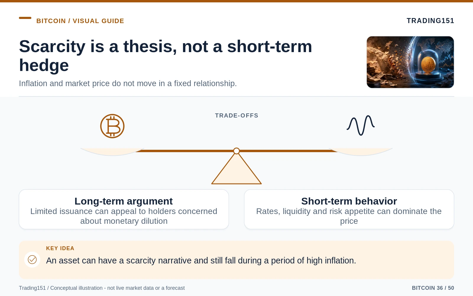 Conceptual diagram: Scarcity is a thesis, not a short-term hedge. Key elements: Long-term argument; Short-term behavior.