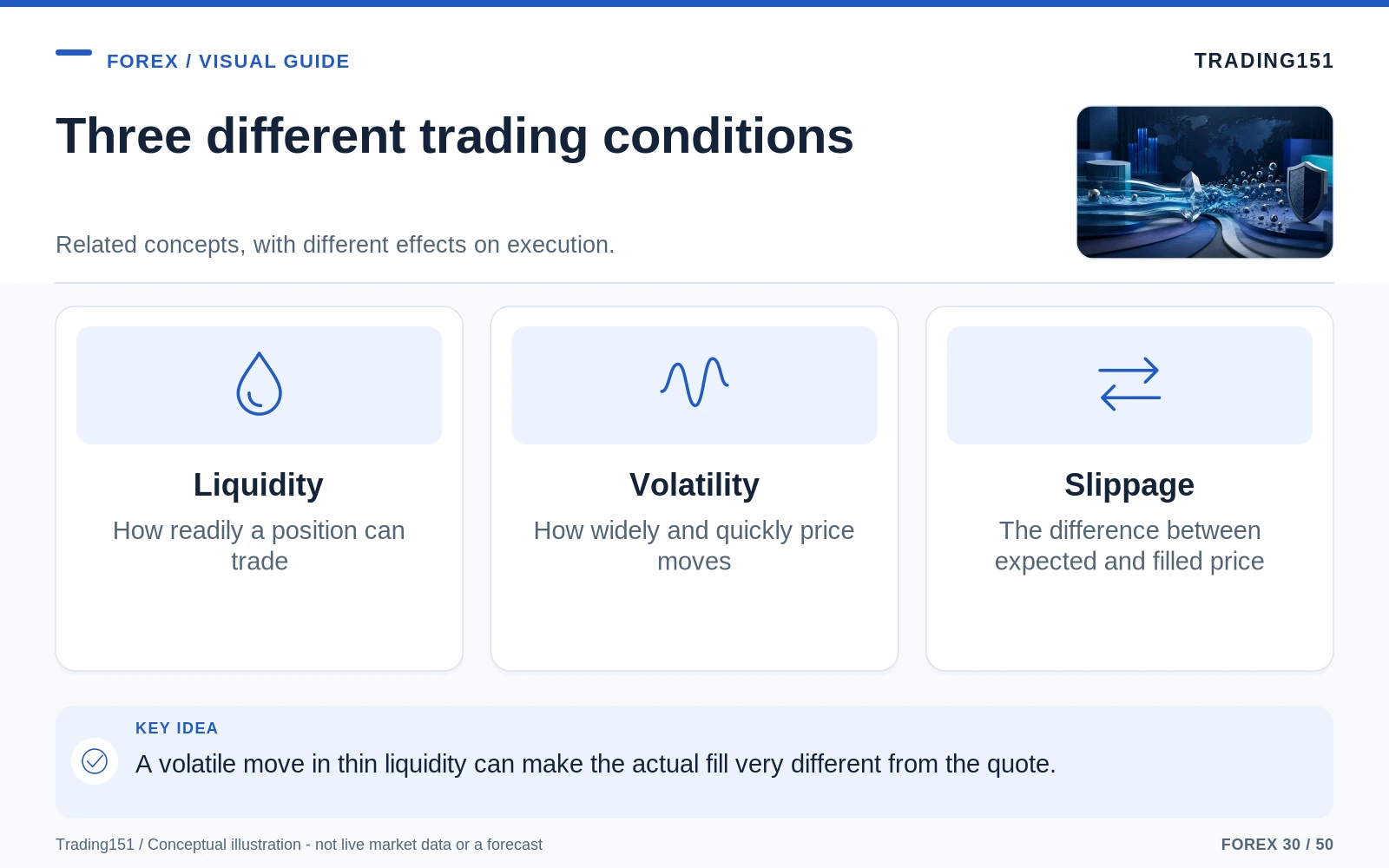Conceptual diagram: Three different trading conditions. Key elements: Liquidity; Volatility; Slippage.