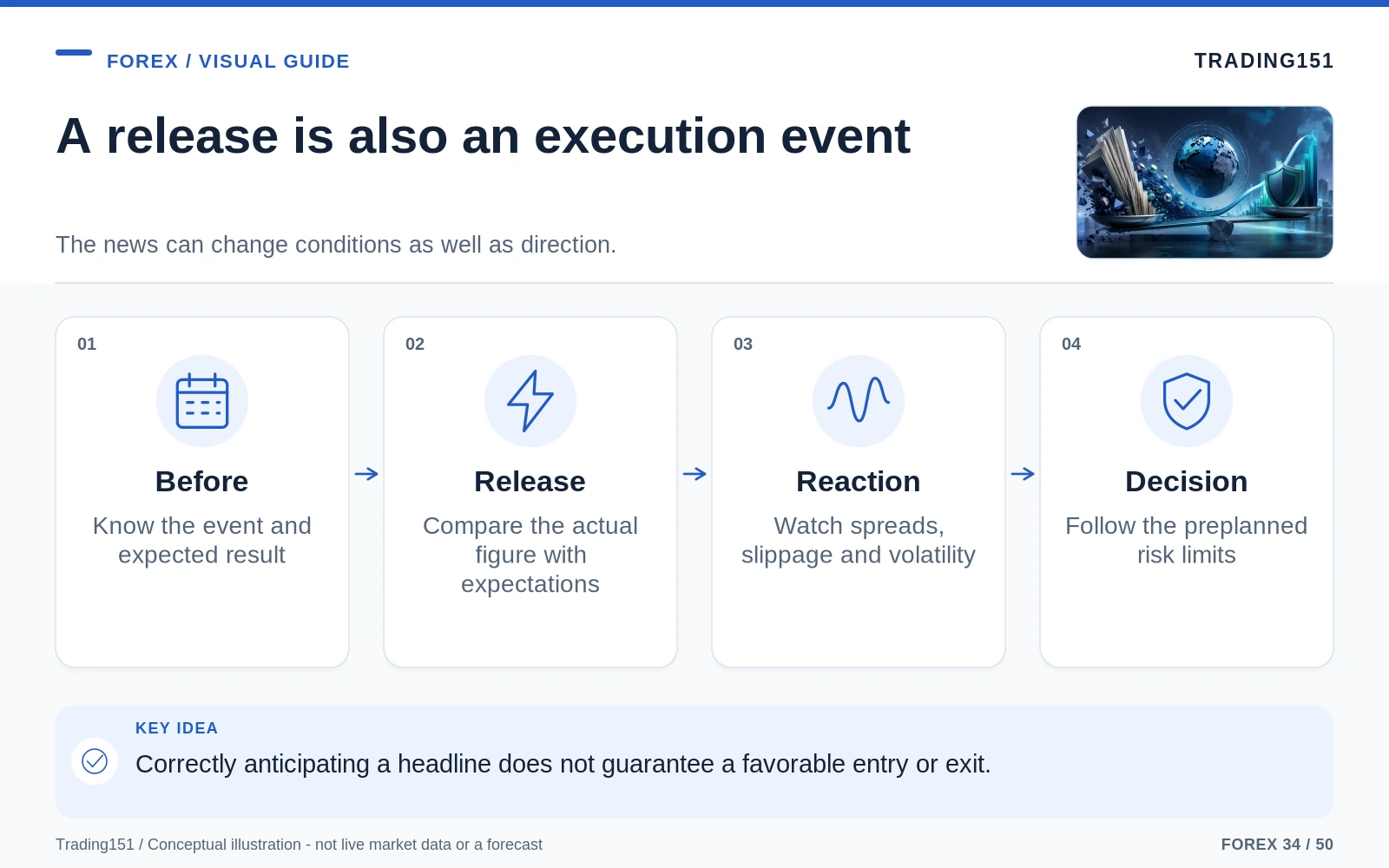 Conceptual diagram: A release is also an execution event. Key elements: Before; Release; Reaction; Decision.