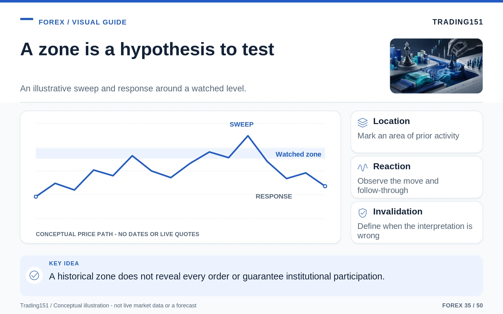 Conceptual diagram: A zone is a hypothesis to test. Key elements: Location; Reaction; Invalidation.