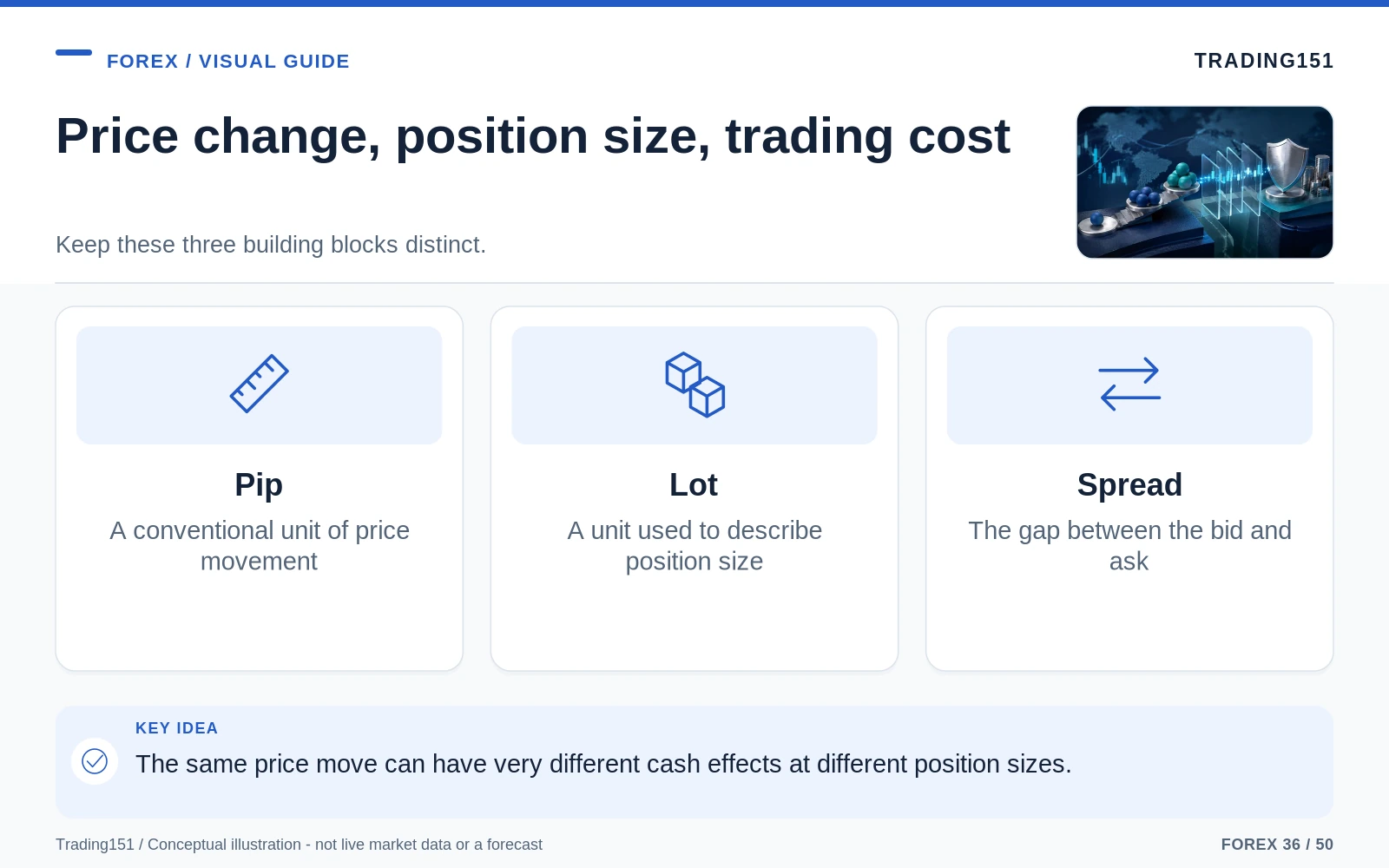 Conceptual diagram: Price change, position size, trading cost. Key elements: Pip; Lot; Spread.