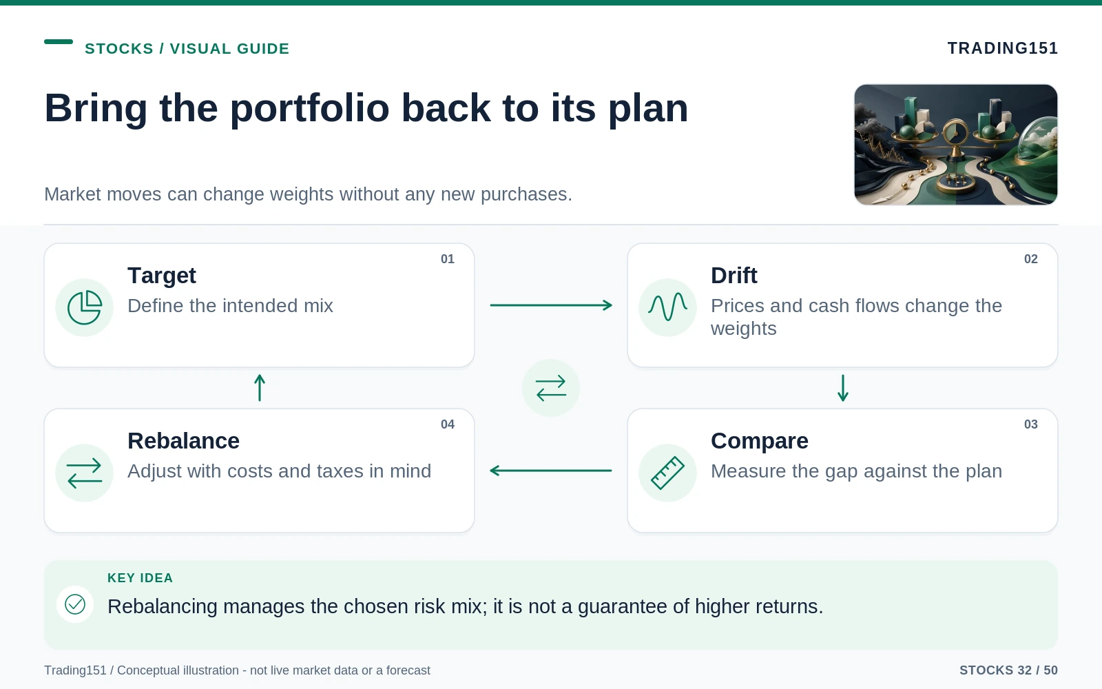 Conceptual diagram: Bring the portfolio back to its plan. Key elements: Target; Drift; Compare; Rebalance.