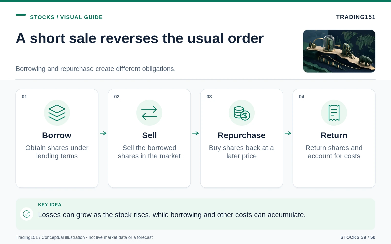 Conceptual diagram: A short sale reverses the usual order. Key elements: Borrow; Sell; Repurchase; Return.