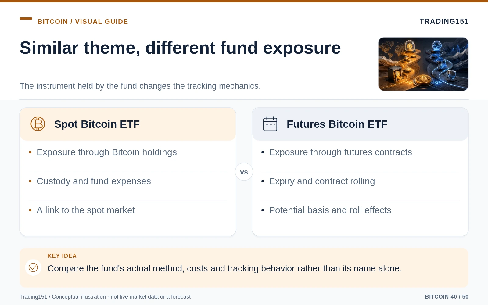 Conceptual diagram: Similar theme, different fund exposure. Key elements: Spot Bitcoin ETF; Futures Bitcoin ETF.