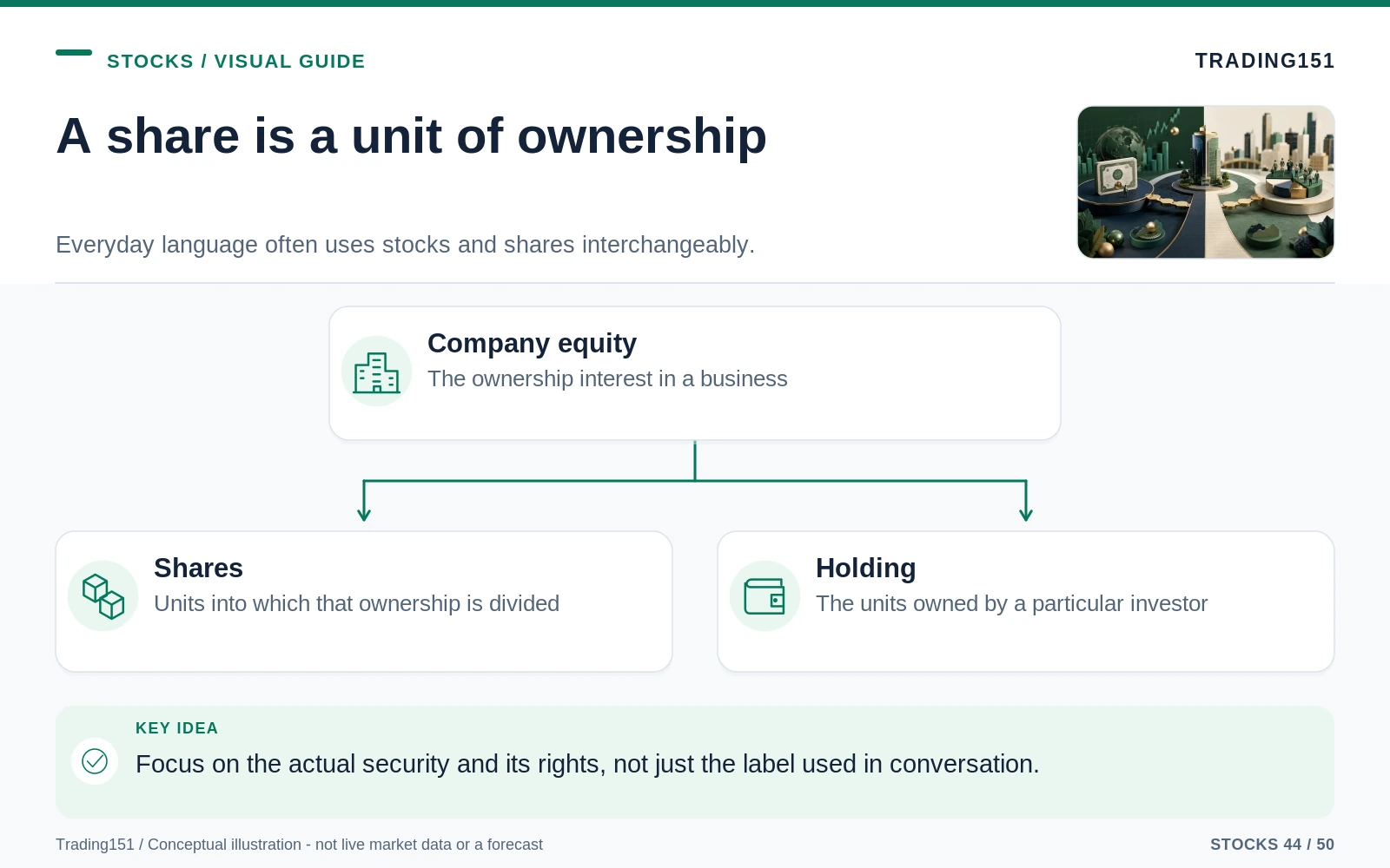 Conceptual diagram: A share is a unit of ownership. Key elements: Company equity; Shares; Holding.