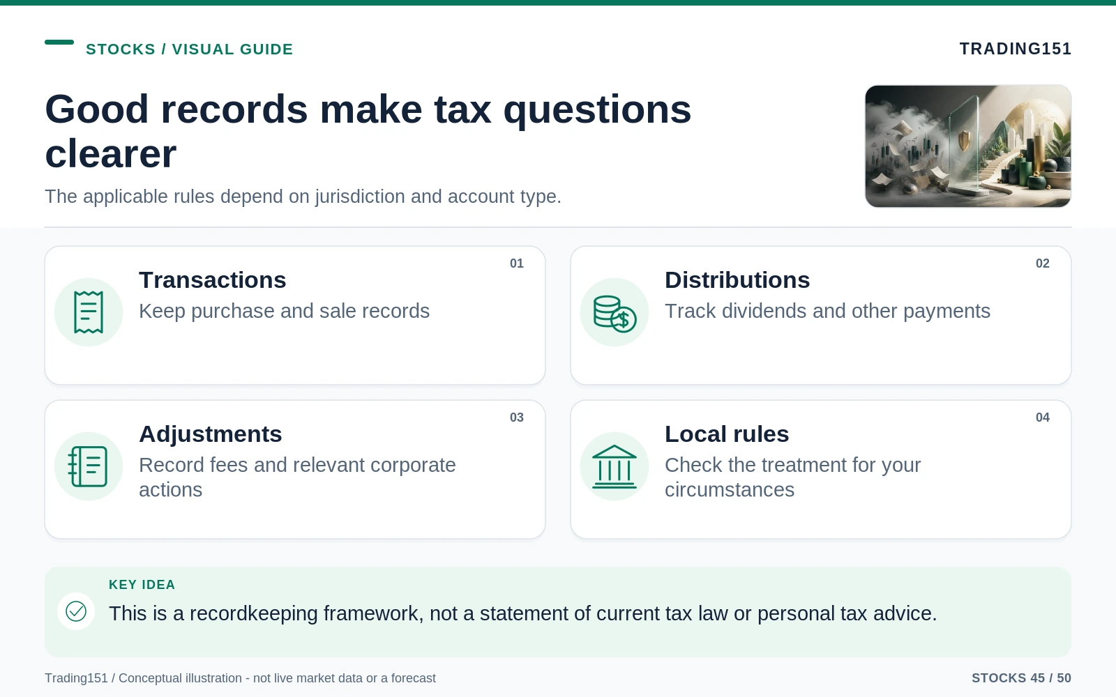 Conceptual diagram: Good records make tax questions clearer. Key elements: Transactions; Distributions; Adjustments; Local rules.