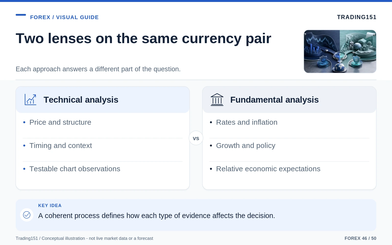Conceptual diagram: Two lenses on the same currency pair. Key elements: Technical analysis; Fundamental analysis.