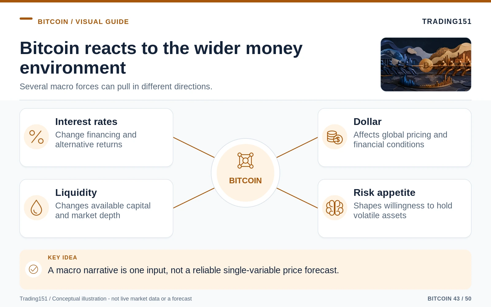 Conceptual diagram: Bitcoin reacts to the wider money environment. Key elements: Interest rates; Dollar; Liquidity; Risk appetite.