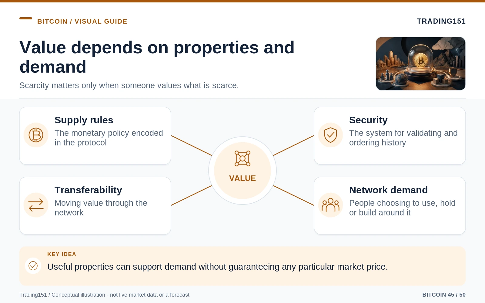 Conceptual diagram: Value depends on properties and demand. Key elements: Supply rules; Security; Transferability; Network demand.