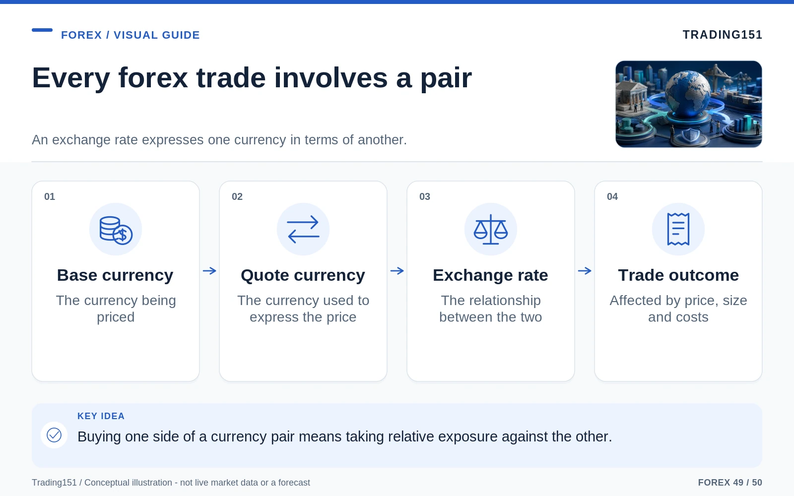 Conceptual diagram: Every forex trade involves a pair. Key elements: Base currency; Quote currency; Exchange rate; Trade outcome.