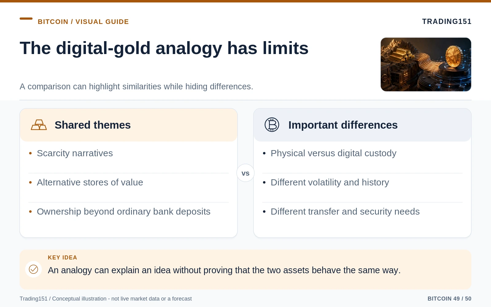 Conceptual diagram: The digital-gold analogy has limits. Key elements: Shared themes; Important differences.