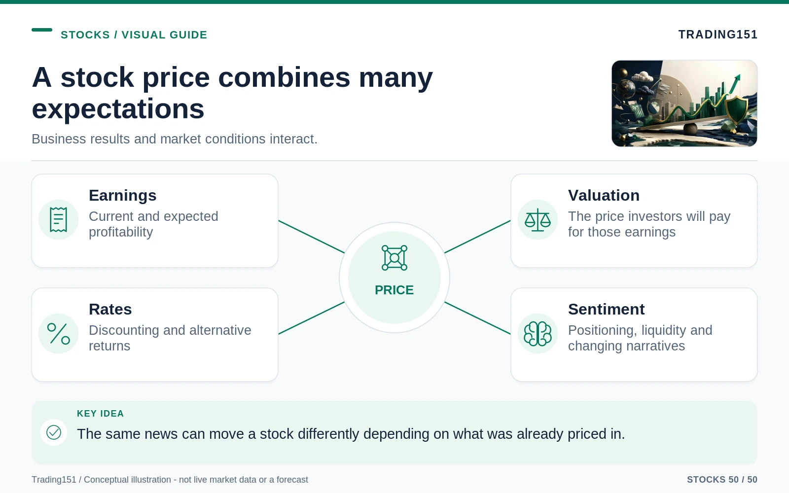 Conceptual diagram: A stock price combines many expectations. Key elements: Earnings; Valuation; Rates; Sentiment.